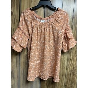 Late August Womens Blouse Floral Layered Sleeve Top Small Boho Whimsical Orange